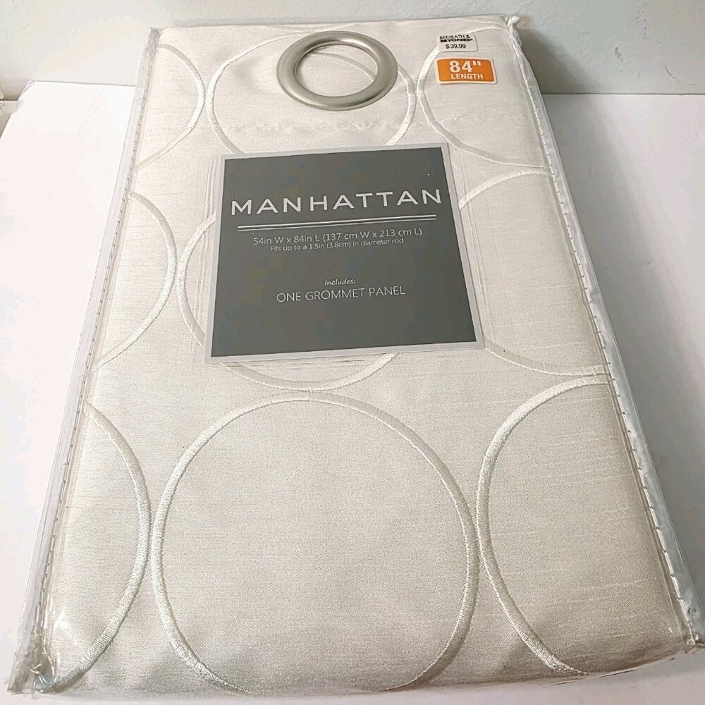 Manhattan Grommet Curtain Panel 84" Length Embroidered Circles Print Pearl